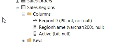 In SQL Server Management Studio, the Columns folder is expanded, and RegionID, RegionName, and Active display.